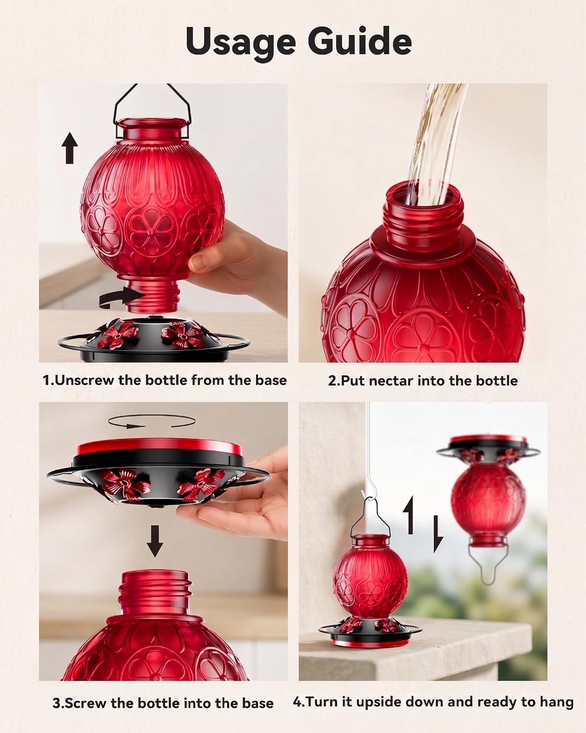 26Oz Hummingbird Feeder for Outdoors, Vintage Glass Bird Feeder with Perch, Durable & Easy to Clean, Hanging Nectar Feeder for Garden, Yard, Deck – Gift for Bird Lovers (Red)