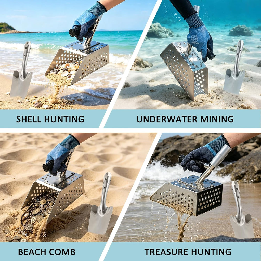 sand scoop for metal detecting, long handle sand, side view