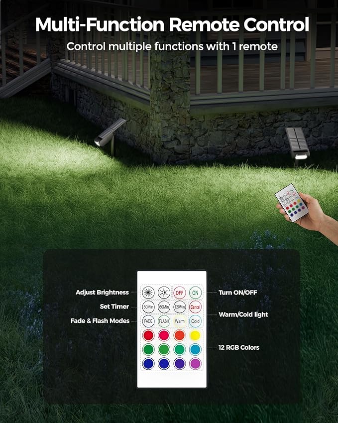 RGB Christmas Solar Spot Lights Outdoor, 12 RGB Color Modes Landscape Light Waterproof IP67 with Remote Control, 2-in-1 Color Changing RGB/Cool/Warm White for Yard Garden Garden (6 Pack)