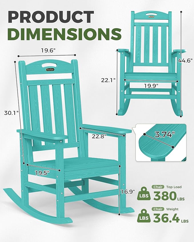 Oversized Outdoor Rocking Chair Set of 2, HDPE All-Weather Patio Rocking Chairs, High Back Outdoor Rocker for Porch, Patio, Lake Blue