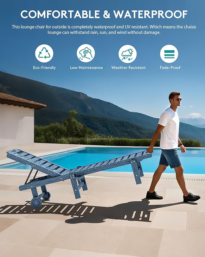 SERWALL Outdoor Chaise Lounge Set of 2 with 9FT Umbrella, HDPE Pool Lounge Chair with 5-Position Adjustable Backrest, Patio Lounger with Rolling Wheels & Cup Holder for Pool, Navy