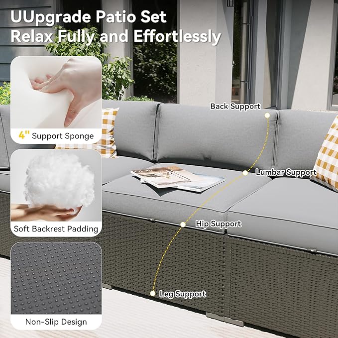 Aoxun Patio Furniture Set with Fire Pit Table, 8 Piece Outdoor Sectional Sofas, Wicker Rattan Outdoor Furniture with Thickened Cushion for Backyard, Garden Light Grey