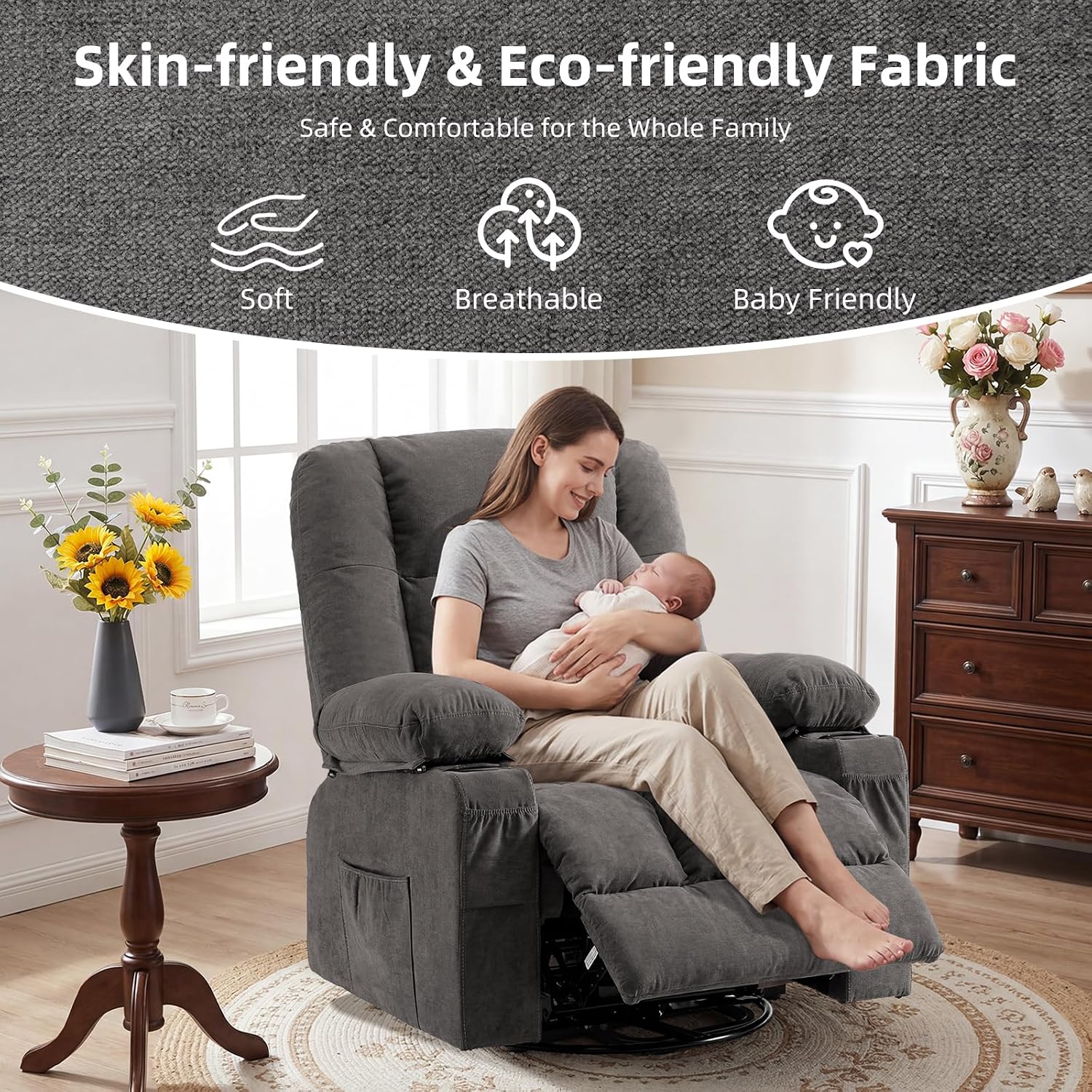 MAHOMICO Rocker Recliner Chair with Massage and Heat | Cup Holders,USB Charging Port,Side Storage Pockets,Soft Armrests,Single Sofa Recliner,for Living Room,Nursery,Bedroom,Grey