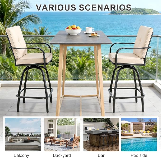Patio Swivel Bar Stools Set of 4, Outdoor Bar Height Swivel Chairs with Cushions for Garden Balcony Backyard, Beige