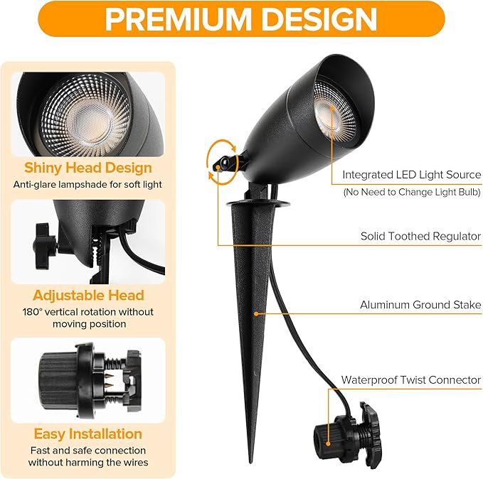 LUTEC 12V Low Voltage Landscape Lighting, Die-cast Aluminum Spot Lights with Connectors, IP65 Waterproof Outdoor Landscape Spotlights, 5W 550LM Warm White 3000K for Tree Garden Yard Pathway, 8 Pack