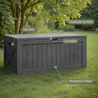 Flamaker Resin Deck Box 120 Gallon Waterproof Large Outdoor Indoor Storage Box Imitation Wood Resin for Patio Furniture Garden Tools and Pool (Gray)