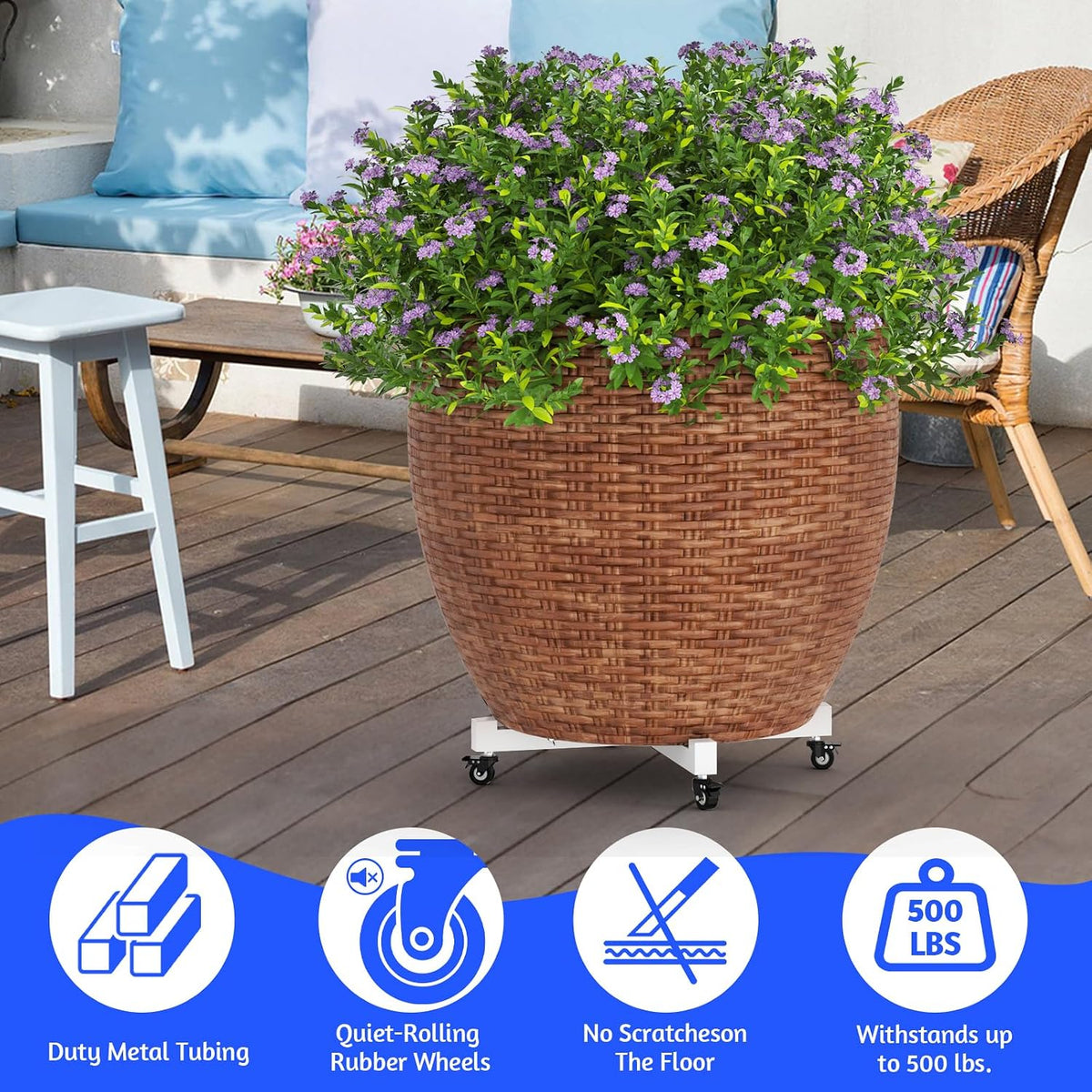 plant caddy with wheels, adjustable 14in to 21inch, side view