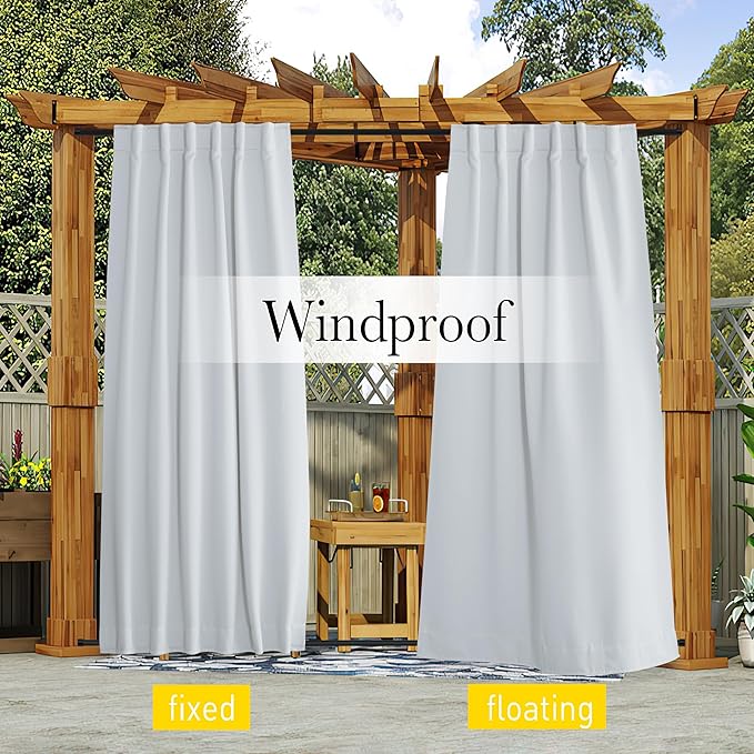 NICETOWN 2 Panels Outdoor Curtains Waterproof Pocket & Back Tab on Top & Bottom, Thermal Insulated Windproof Sun Blocking Outside Privacy Drapes for Patio with Fixed Rope, W84 x L84, Greyish White