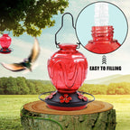 Glass Hummingbird Feeder for Outdoors Hanging, 24Ozs Humming Bird Nectar Feeder w/Perch, 5 Flower Feeding Ports, Leak Proof Base and Hook for Outside Garden Backyard Decor, Gifts for Women Mom, Red