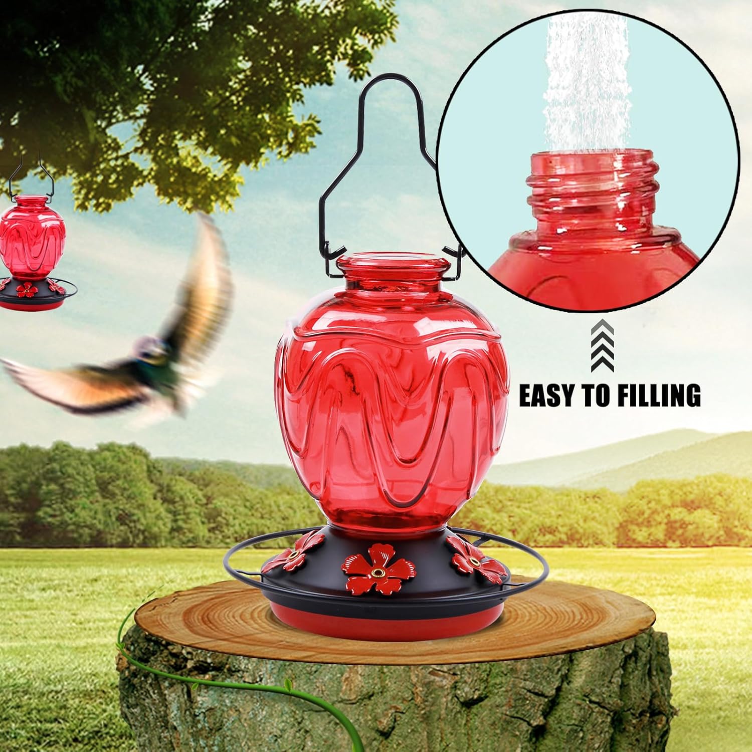 Glass Hummingbird Feeder for Outdoors Hanging, 24Ozs Humming Bird Nectar Feeder w/Perch, 5 Flower Feeding Ports, Leak Proof Base and Hook for Outside Garden Backyard Decor, Gifts for Women Mom, Red