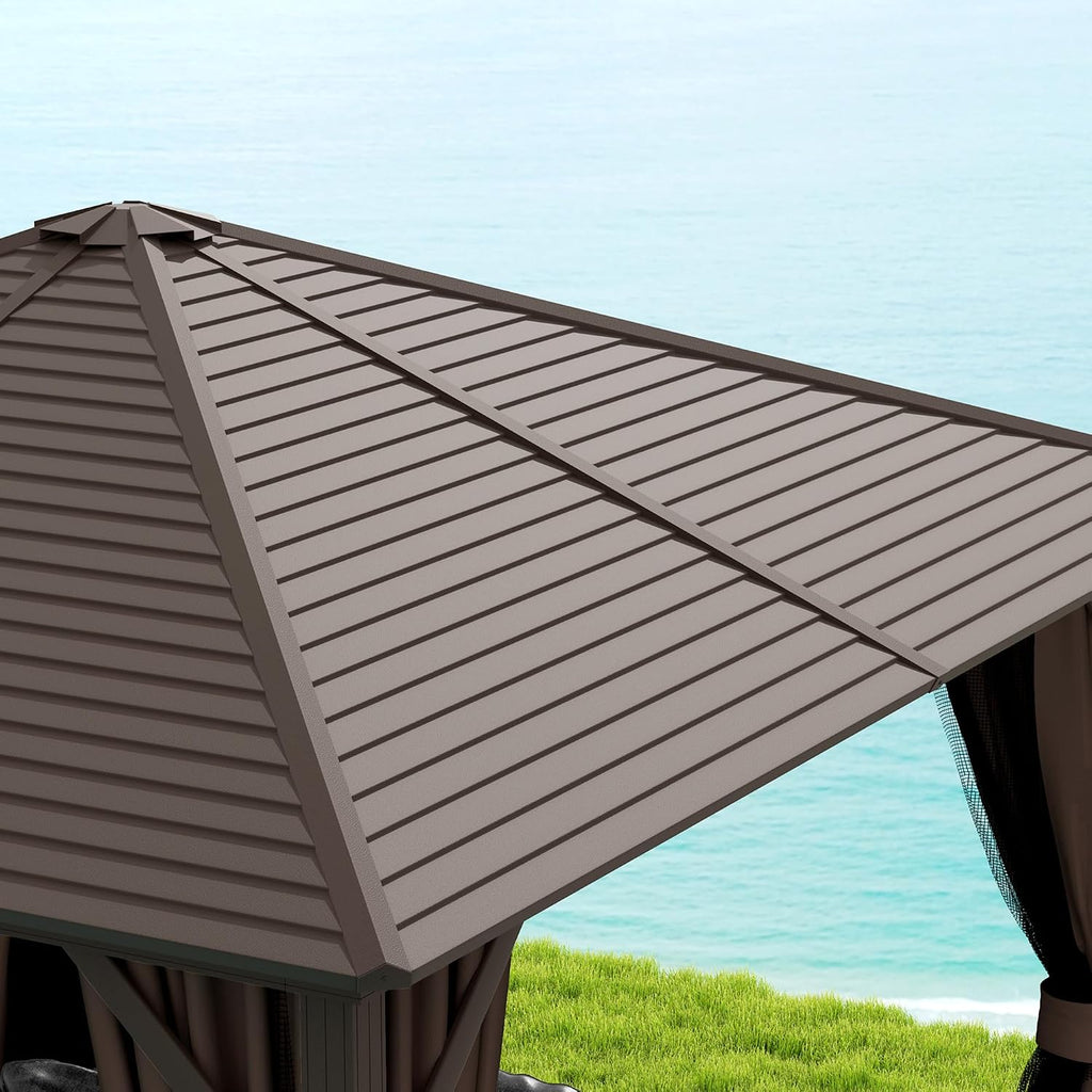 outsunny 10' x 10' hardtop gazebo with curtains, front angle view