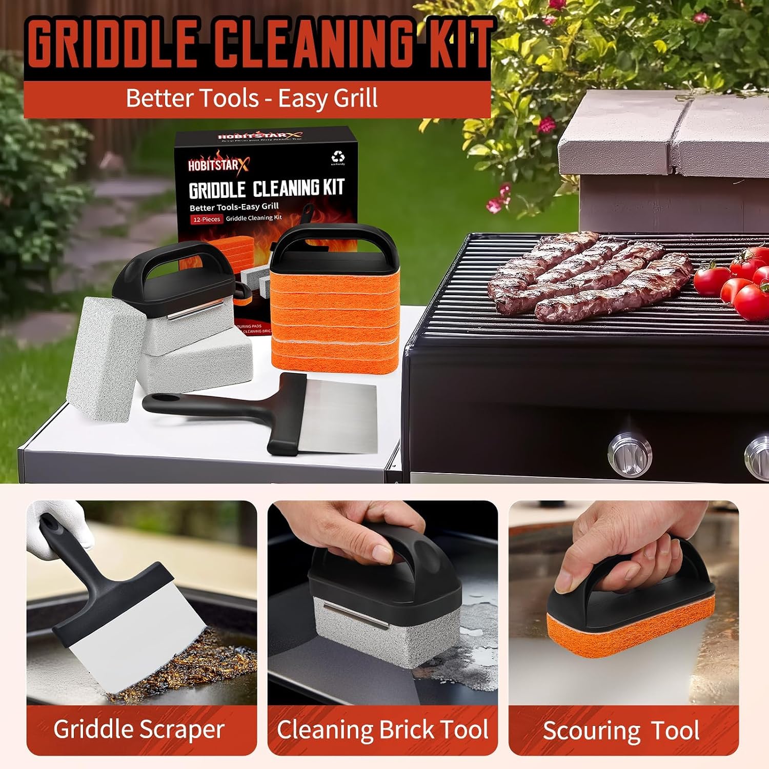 Griddle Cleaning Kit for Blackstone, Heavy-Duty Scraper & Ergonomic Handles | Non-Scratch Scouring | Flat Top Griddles | Cast Iron | Ovens & BBQ Surfaces | Removes Stubborn Grease Easily