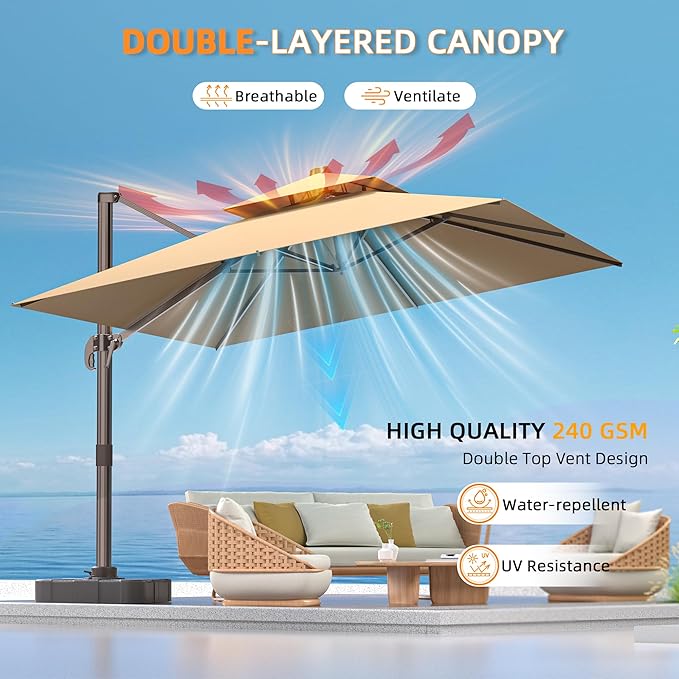 9' X 12' Patio Umbrellas Double Top Large Rectangle Umbrella Heavy Duty 360°Rotation Offset Cantilever Outdoor Umbrella for Garden Deck Pool Patio,Brown