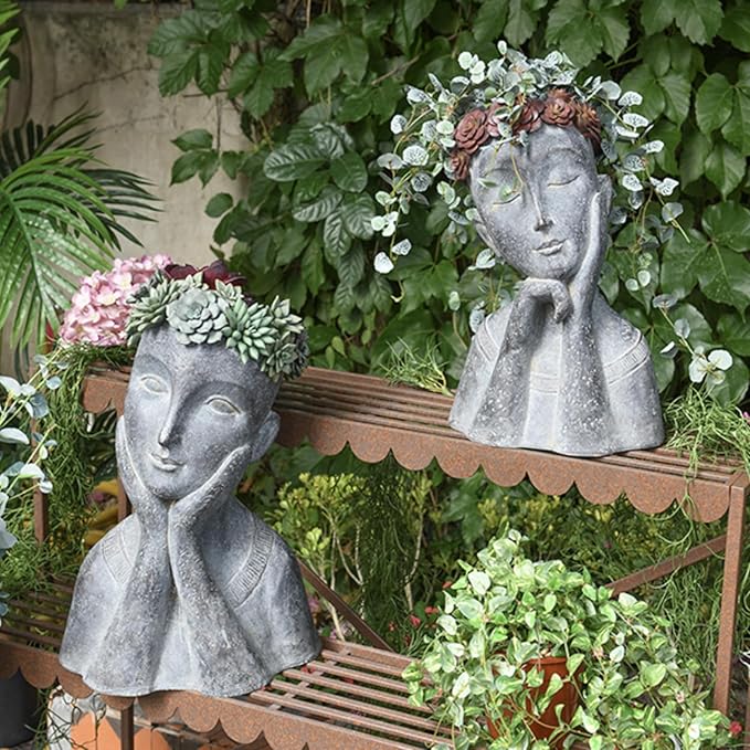 Newman House Studio Succulents Face Planters Pots Head - Flower Pot with Drainage Hole Face Head Large Garden Farmhouse Decor 9.4 x 7.2 x 13.9 inch