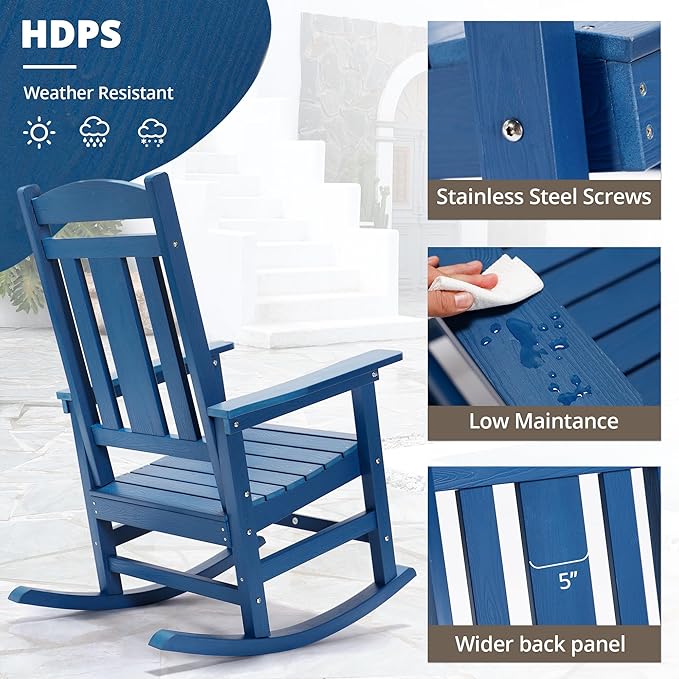 LUE BONA Outdoor Rocking Chairs Set, 3-Piece, HDPS Poly Porch Rockers with Table, Plastic Weather Resistant Rocking Chair Set for Outdoor Indoor, Garden, Backyard, 350lb, Navy Blue Chairs+Table