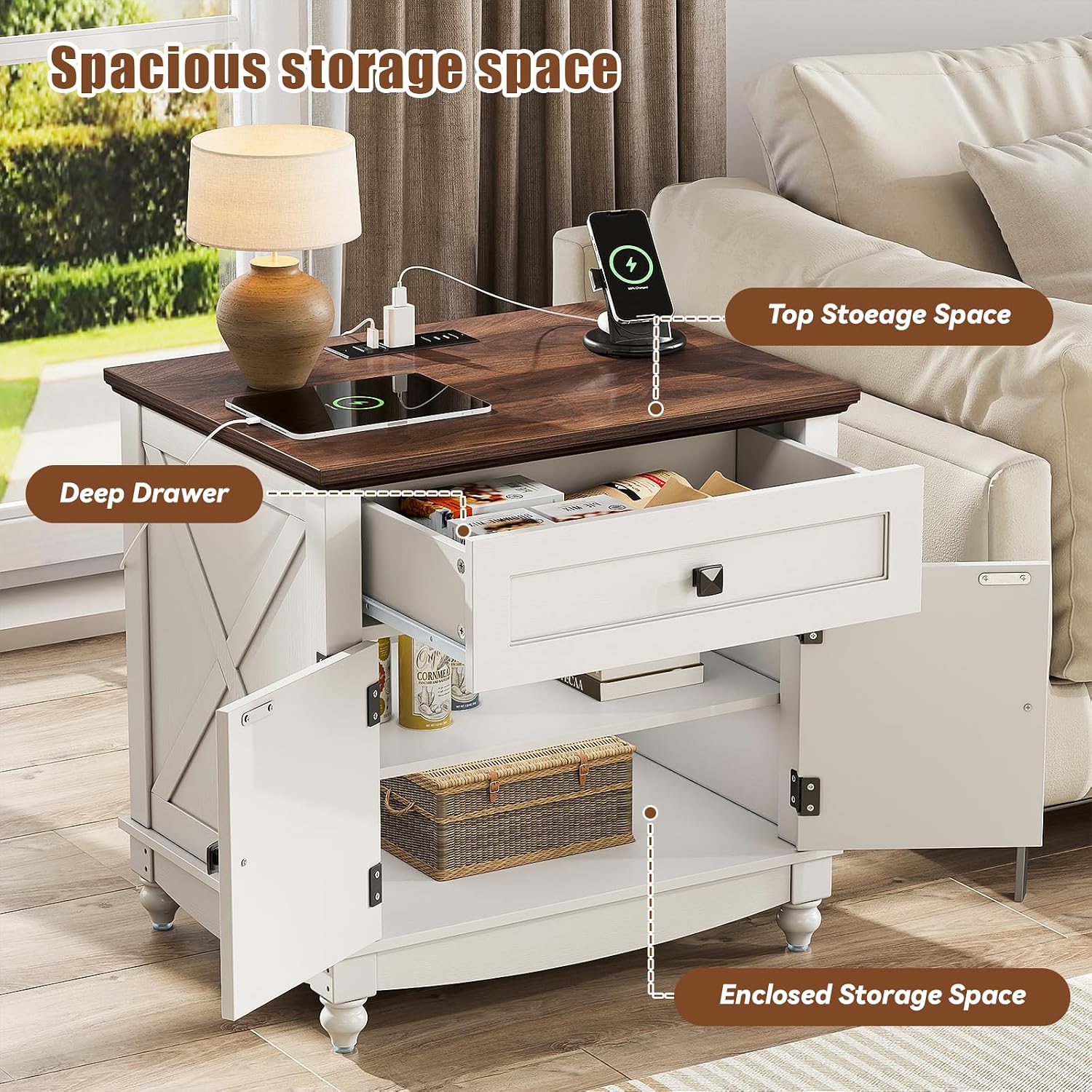 Farmhouse End Table with Charging Station, 24inch White Nightstand with Door and Storage Cabinet, Bedside End Table with Adjustable Shelf, Wood Bedside Table, Night Stand for Living Room and Bedroom