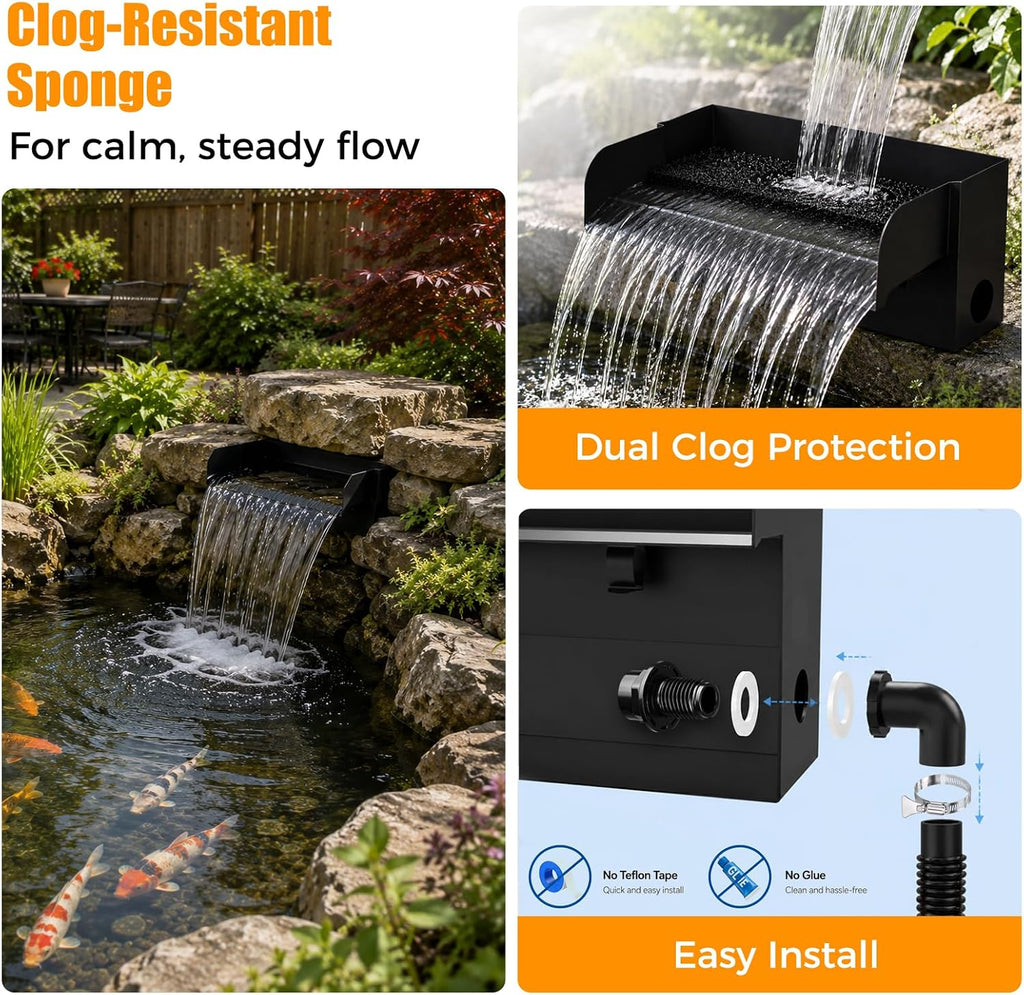 All-in-1 Pond Waterfall Spillway Kit, 12" Stainless Steel | 304 stainless steel spillway, 660 GPH pump, 8 ft lift, easy setup, steady flow, quiet, 10 FT hose, for pond, garden, backyard