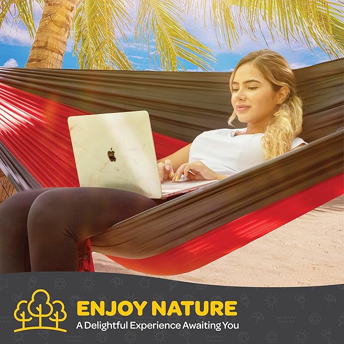 Durable Hammock 500 lb Capacity, Nylon Camping Hammock Chair - Double or Single Sizes w/Tree Straps and Attached Carry Bag - for Travel/Backpacking/Beach/Backyard (Large, Light Grey & Sky Blue)