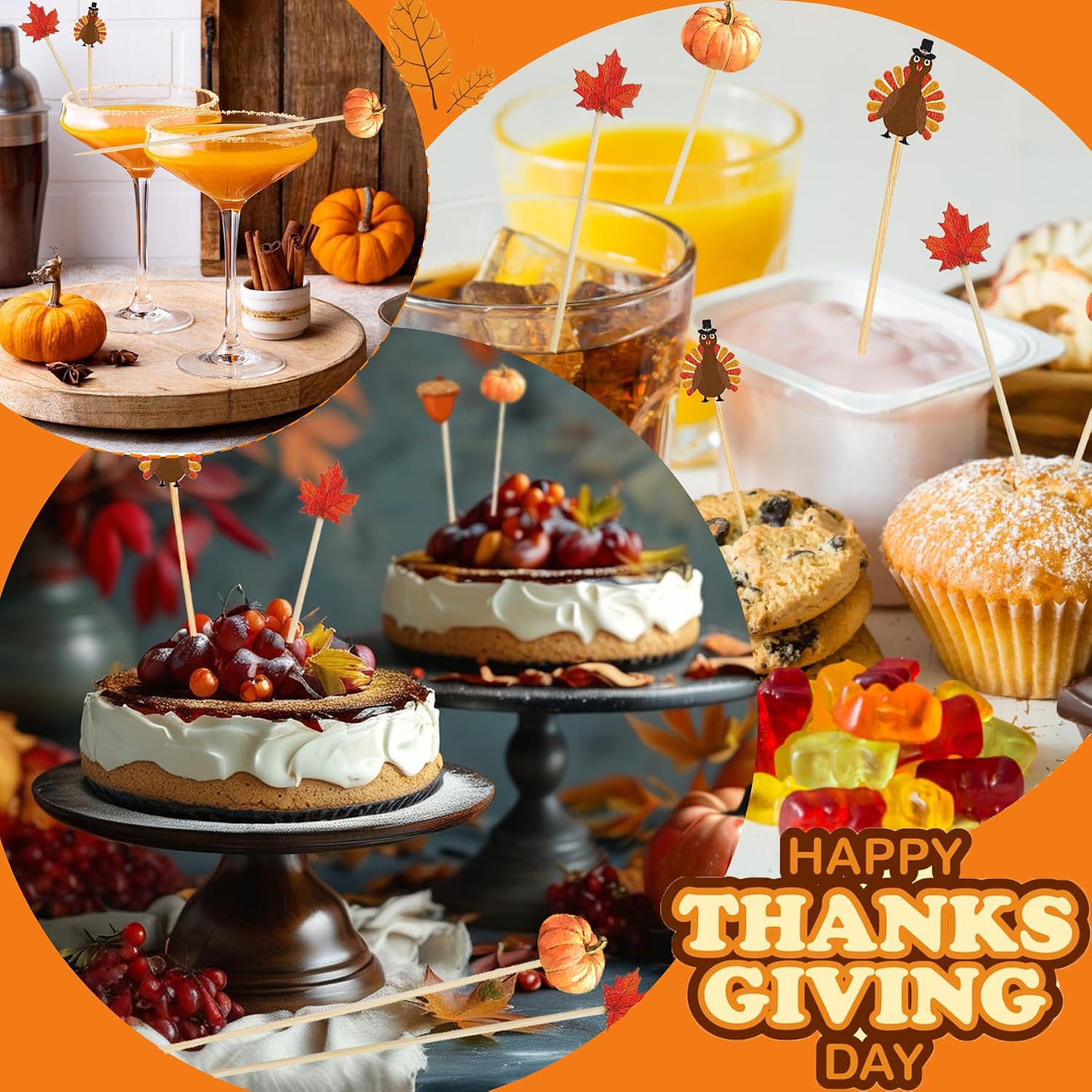 100pcs Fall Thanksgiving Cocktail Picks Pumpkins Maple Leaves Decorative Toothpicks for Appetizers Autumn 4.7 IN Bamboo Skewers Sticks for Fall Decorations Party Supplies(Turkey)
