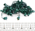 LUCKY TL 100 FT C9/E17 Christmas Light Sockets Spool Set, with 100 C9 Bulbs | 18 AWG wire, Green SPT-1 Wire, 12 Inch Spacing, UL Listed
