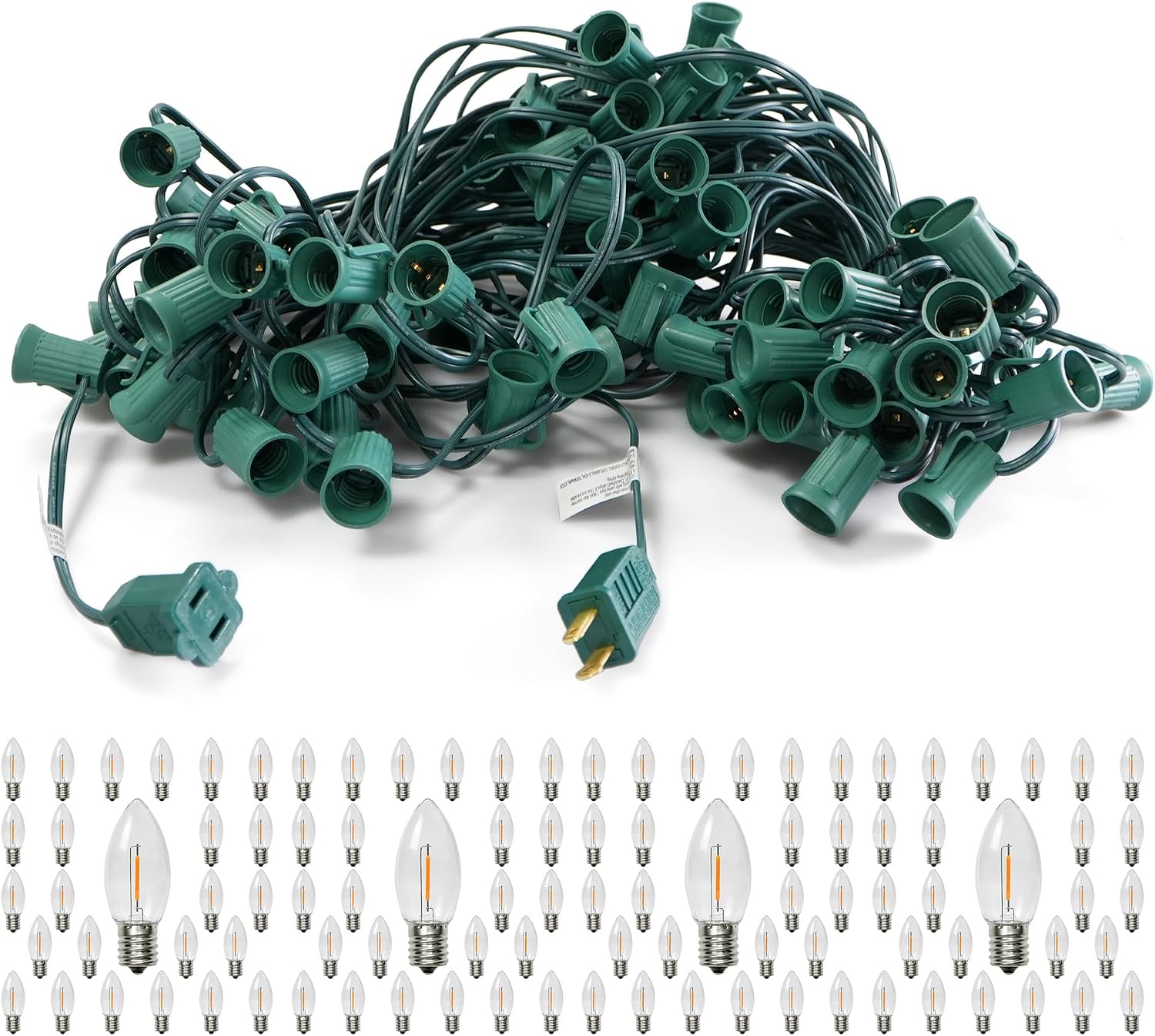 LUCKY TL 100 FT C9/E17 Christmas Light Sockets Spool Set, with 100 C9 Bulbs | 18 AWG wire, Green SPT-1 Wire, 12 Inch Spacing, UL Listed