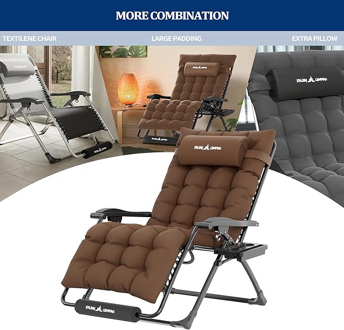 UDPATIO Oversized Zero Gravity Chair 29In XL Patio Reclining Chair with Cushion, Outdoor Folding Recliner with Pillows|Cup Holder|Foot Rest|Padded Headrest, Brown, Support 500LB