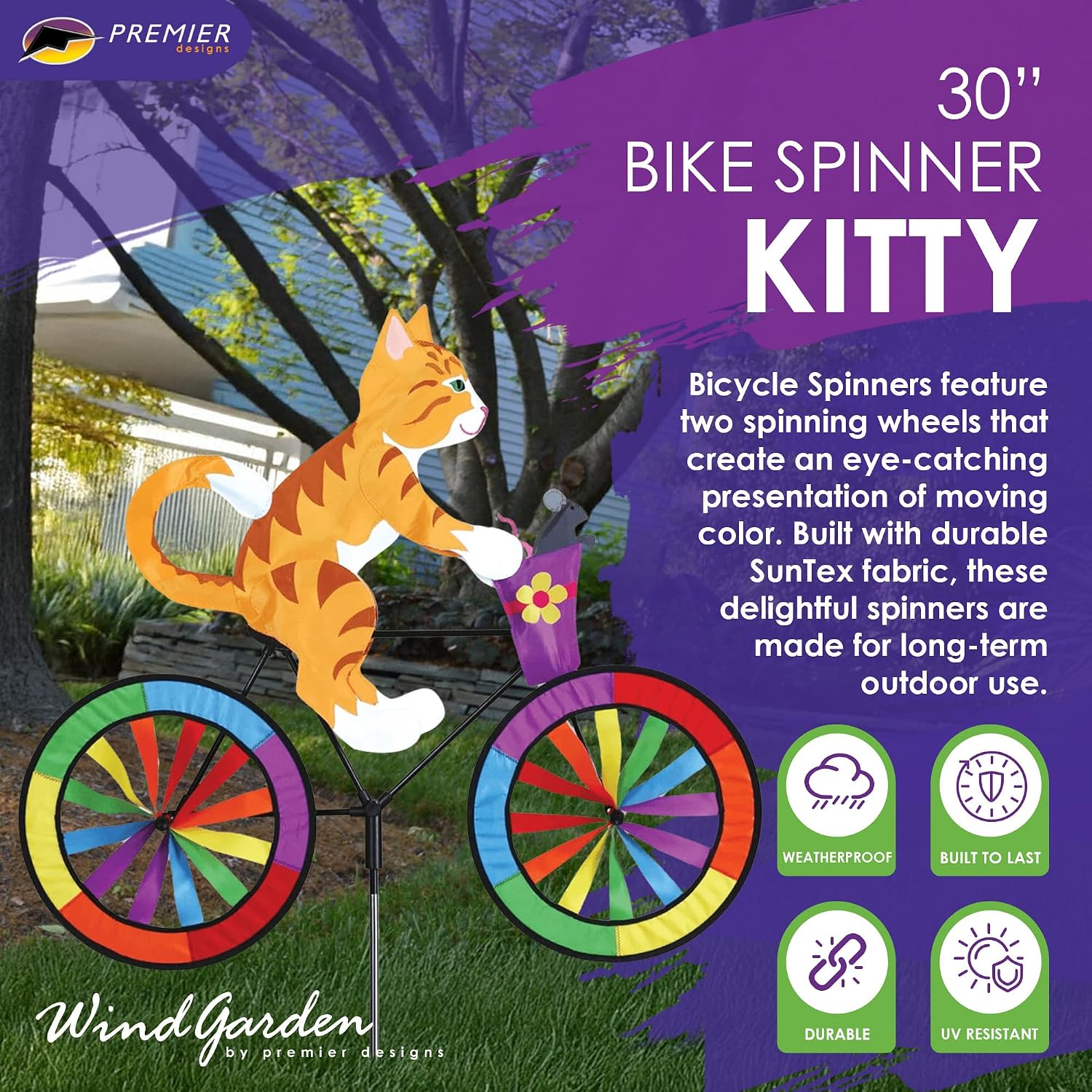 Bike Spinner Kitty 30" – Playful Feline Design, Weather-Resistant Outdoor Decor, Durable & Lightweight for Patios, Yards, and Gardens - Eye-Catching Wind Spinner with Rotating Wheels