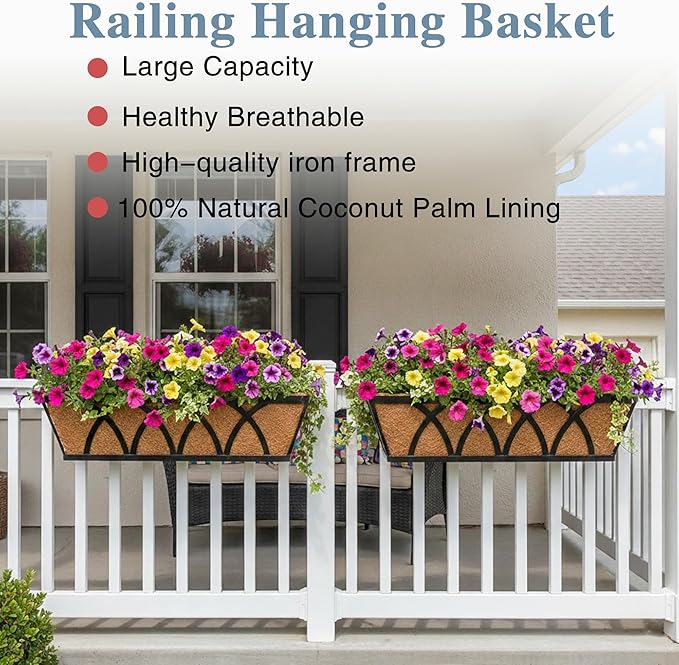 Window Deck Railing Planters Boxes with Coconut Liner, The Bottom Flat Window Boxes Planter Flower Boxes Metal Black Balcony Planters Railing Hanging for Outdoor Fence Porch Patio Lawn(2Pcs 24 Inch)