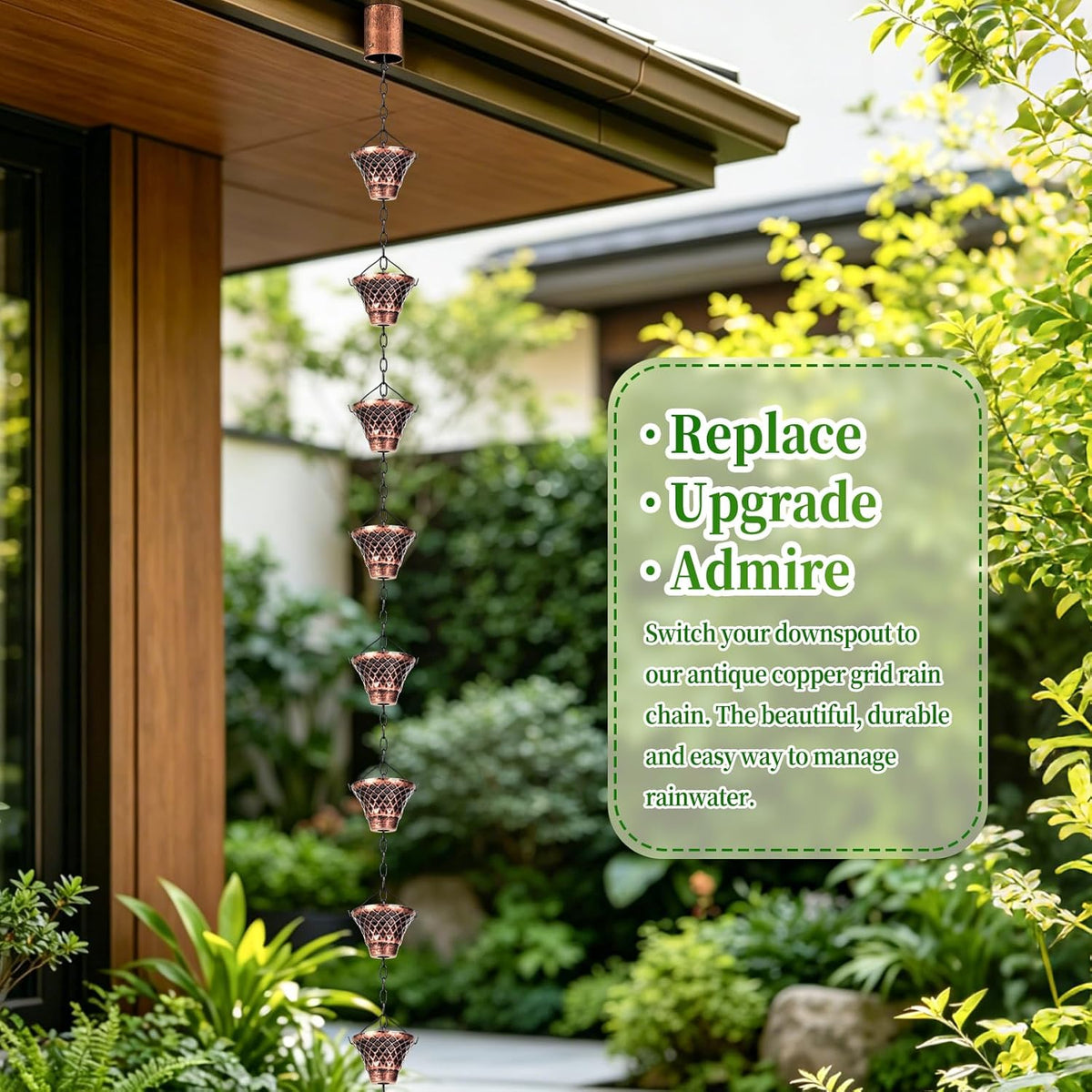 rain chains for gutters outside copper with adapter showing dimensions