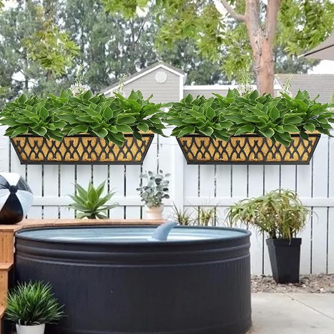 6 Pack 30 Inch Window Boxes Planters Railing Planter Box with Adjustable Brackets for Porch Fence Patio Balcony Hanging Flower Baskets with Coco Liners for Outdoor Garden Decor - Black