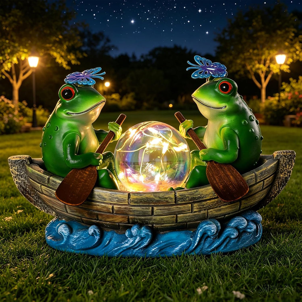 Solar Frog Boating Garden Statue with Ball Light 5.1"Resin Frogs Decor | for Home Front Door Patio Porch Balcony Women Gardeners Moms Wives Girlfriends