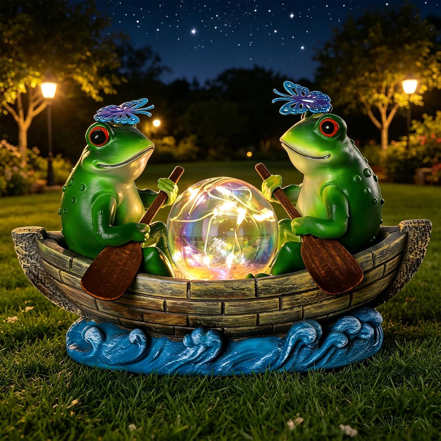 Solar Frog Boating Garden Statue with Ball Light 5.1"Resin Frogs Decor | for Home Front Door Patio Porch Balcony Women Gardeners Moms Wives Girlfriends