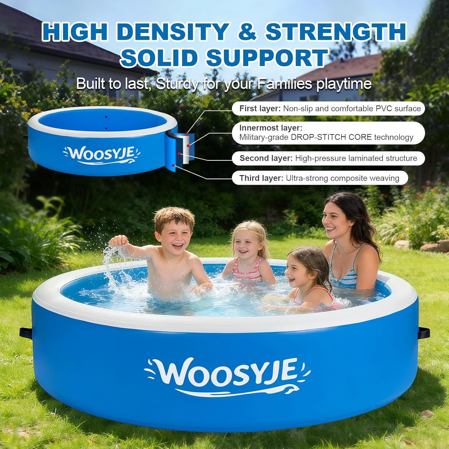Inflatable Swimming Pool for Adults & Kids, Heavy Duty Drop-Stitch Above Ground Pool, 94.5in Diameter, 227 Gallon Capacity, No Tools Required, Includes Pump