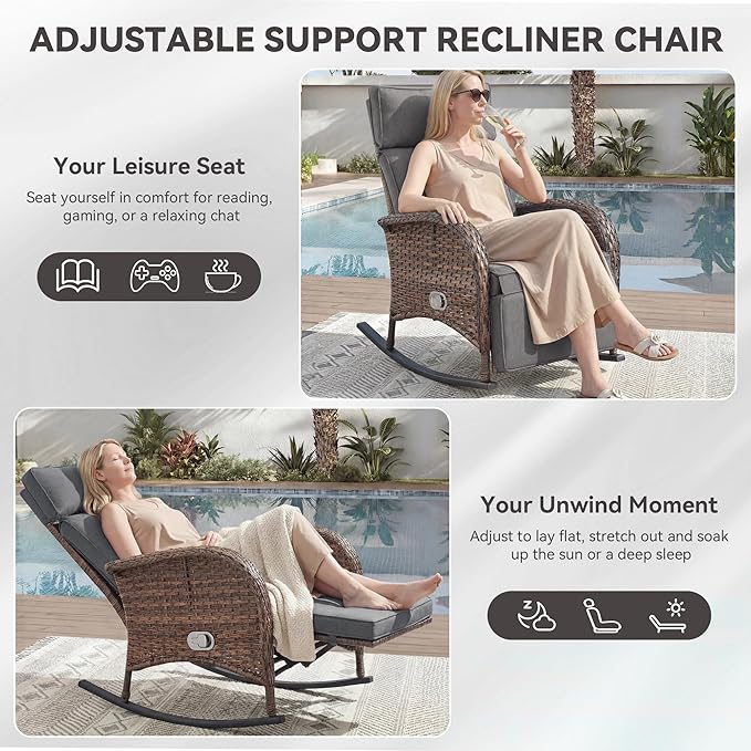 Zero Gravity Patio Rocking Wicker Recliner Chair - Wicker Outdoor Lounge Chair with Adjustable Backrest & Footrest, All Weather Reclining Rocker Chairs with Thick Cushion for Pool Deck Gray