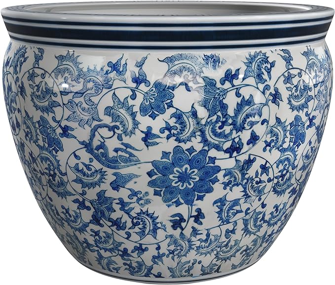 Red Lantern Large 22" Porcelain Fishbowl Blue & White Floral Planter