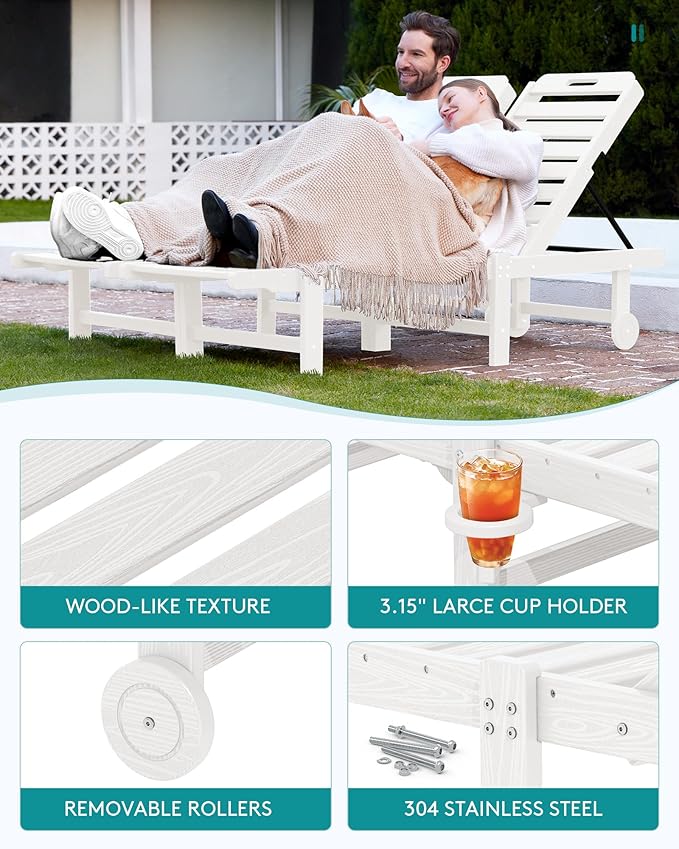 SERWALL Outdoor Chaise Lounge Set of 2 with 9FT Patio Umbrella, HDPE Pool Lounge Chair with 5-Position Adjustable Backrest, Patio Lounger with Rolling Wheels & Cup Holder for Pool, White