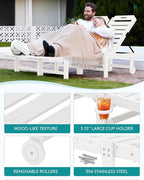 SERWALL Outdoor Chaise Lounge Set of 2 with 9FT Patio Umbrella, HDPE Pool Lounge Chair with 5-Position Adjustable Backrest, Patio Lounger with Rolling Wheels & Cup Holder for Pool, White