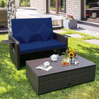 LDAILY Moccha Outdoor Daybed, Wicker Loveseat Sofa Set with 4-Postion Adjustable Backrest, Storage Ottoman, Cushions, Rattan Double Bed Lounger, Patio Furniture Set (Navy)
