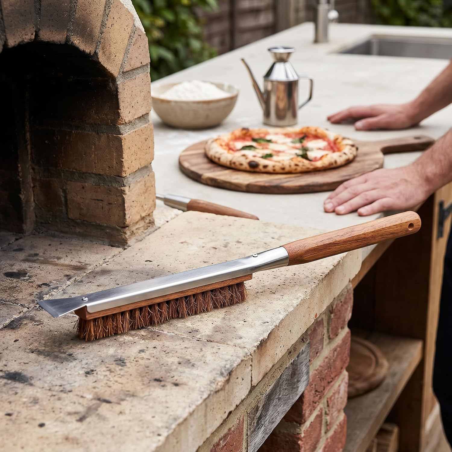 Pizza Oven Brush Scraper Detachable Handle Coconut Fiber Outdoor Accessories