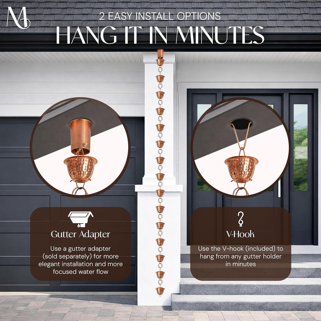 monarch rain chains pure copper hammered cup rain showing dimensions