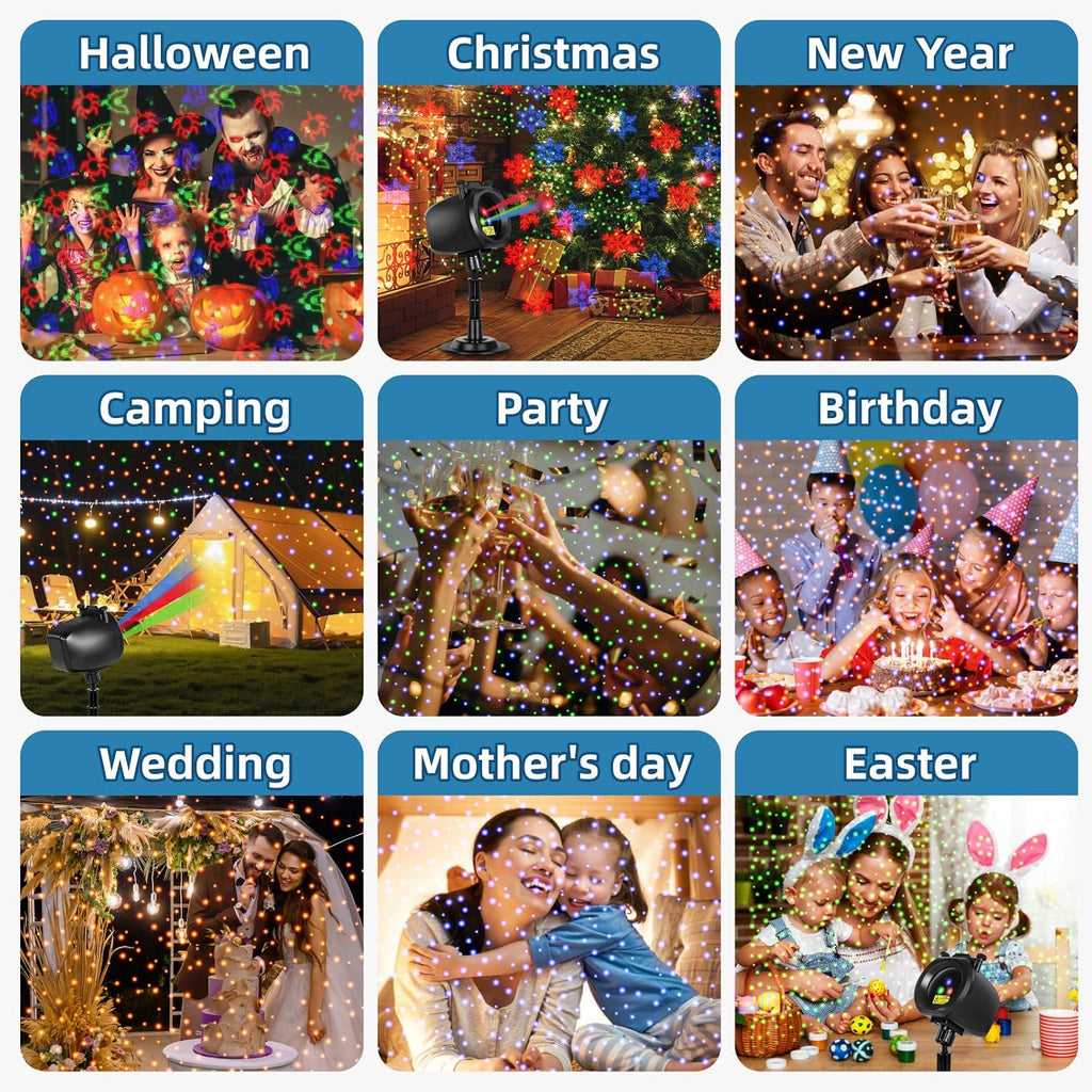 Outdoor Laser Projector Lights, RGB Firefly Light Show for Backyard Parties & Gatherings, IP65 Waterproof, 270° Adjustable, 10 Color Modes + 3 Changeable Holiday Cards(Halloween/Snowflake/Christmas)