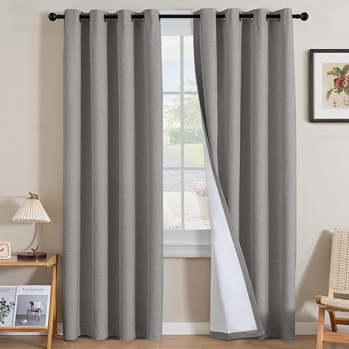 H.VERSAILTEX Linen Curtains 100% Blackout Curtains for Bedroom 102 inch Long Full Light Blocking Nature Linen Blended Window Curtains for Living Room Nickel Grommet (2 Panels, Heathered Dove)
