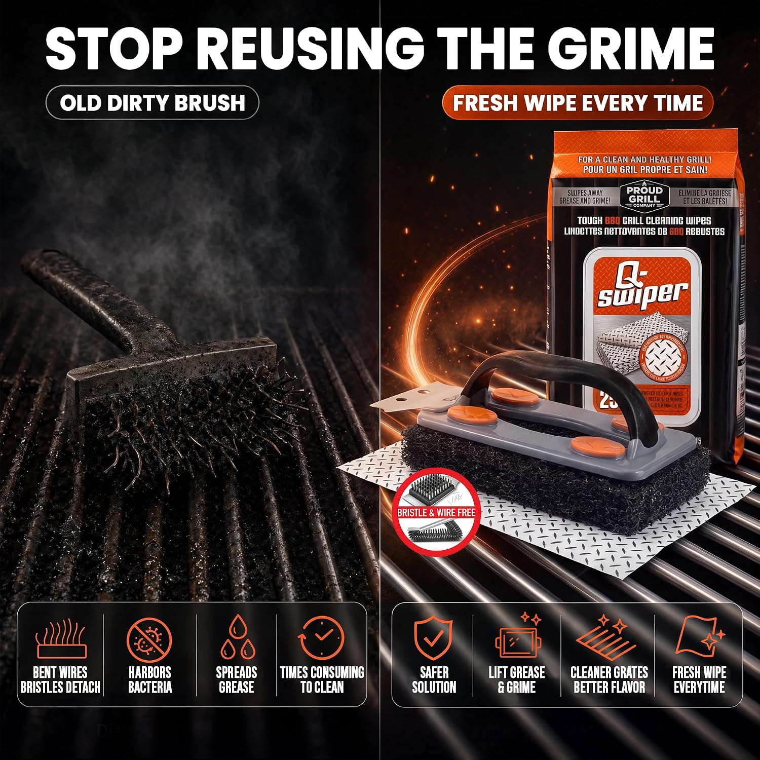 Proud Grill Q-Swiper Easy-Clean Grill Cleaner Set, Grate Cleaning Solution | Set -1 Bristle-Free Brush with Scraper & 25 Moist Cleaning Wipes, Grease & Grime Remover for Outdoor Grilling, Safe on Grills