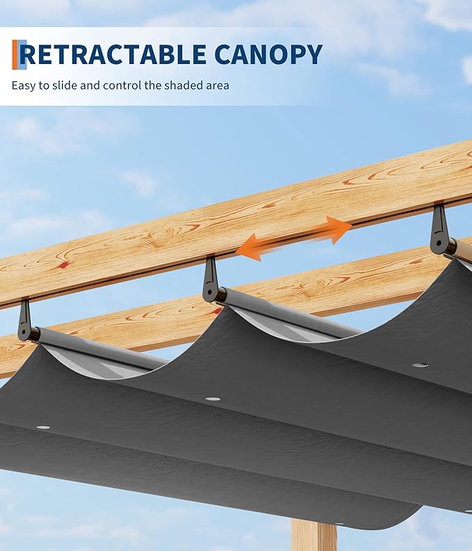 GarveeLife 10 x 13 ft Wood-Grain Aluminum Pergola with Retractable Waterproof Canopy UV Protection Rust-Resistant Sturdy 4-Side Base for Patio Garden Backyard Deck (Gray)
