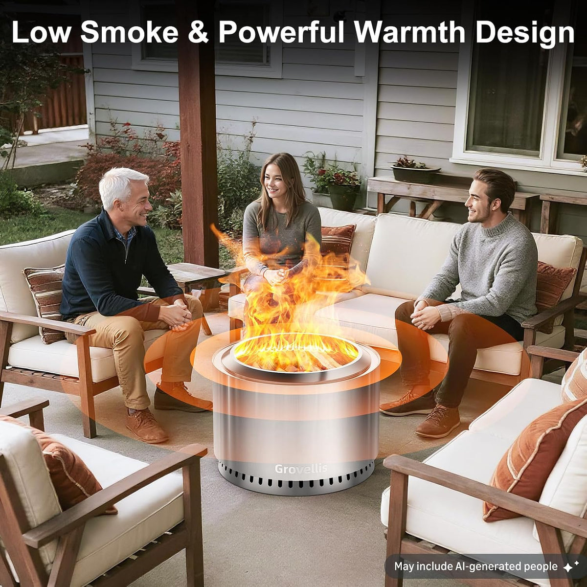27 inch smokeless fire pit with waterproof cover shown in use