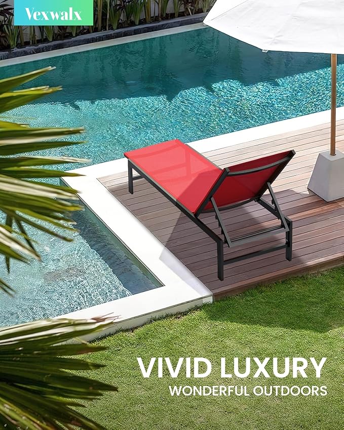Outdoor Lounge Chair for Pool, Aluminum Chaise Lounge Chairs with 5-Position Recliner, Patio Lounge Chair for Backyard, Poolside, Deck, Lawn (Red)