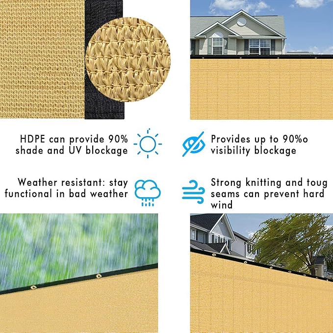 UPGRADE Privacy Fence Screen 6'x8' Sand Outdoor 90% Visibility Blockage 170 GSM Mesh Shade Cover Panels for Backyard,Balcony,Home Decoration with Zip Ties,Customized Avaliable