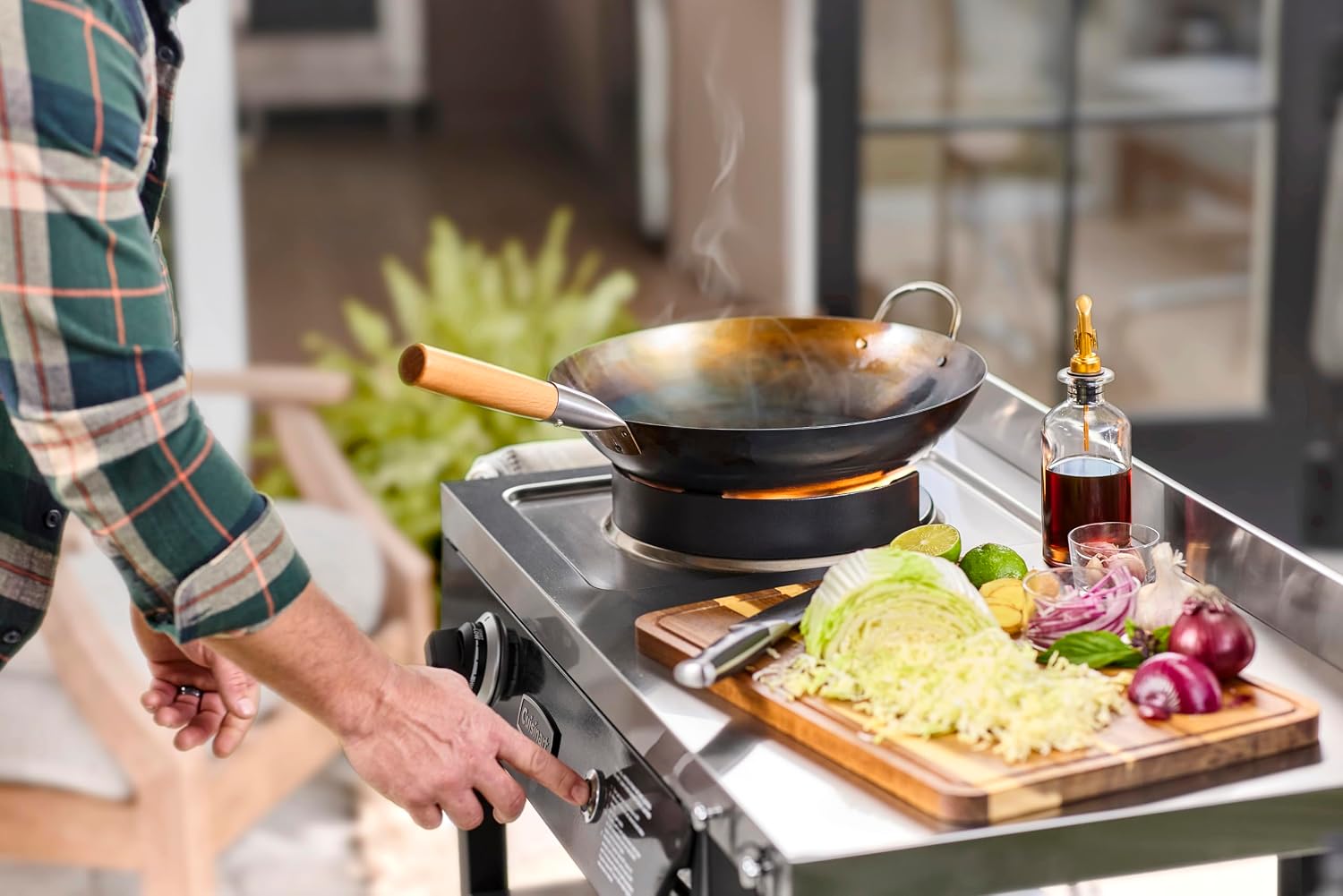 Cuisinart Outdoor Wok Station with Rear Wheels, 14" Steel Pan, 50,000 BTU