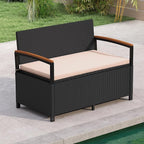 RELAX4LIFE Wicker Outdoor Storage Bench, Rattan Deck Box w/Protective Liner for Patio Furniture Pillows & Garden Tools, Porch Loveseat with Seat Cushion, Acacia Wood Armrests (Black-Beige)