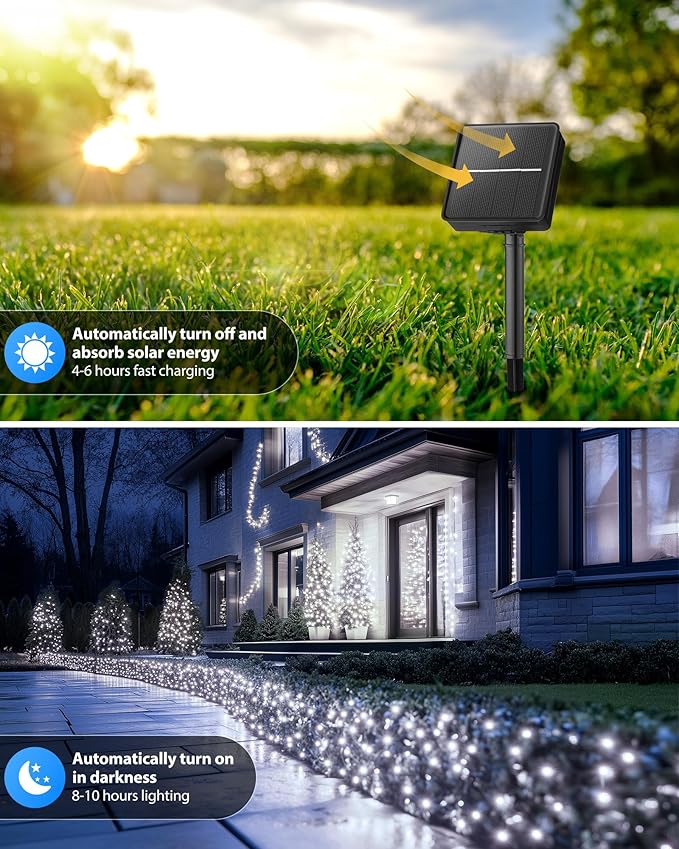 Brightown Solar Outdoor String Lights - 50 FT 120 LED Solar String Lights for Outside with 8 Lighting Modes, IP65 Waterproof Solar Outdoor Lights, Suitable for Tree Party Decor, Cool White